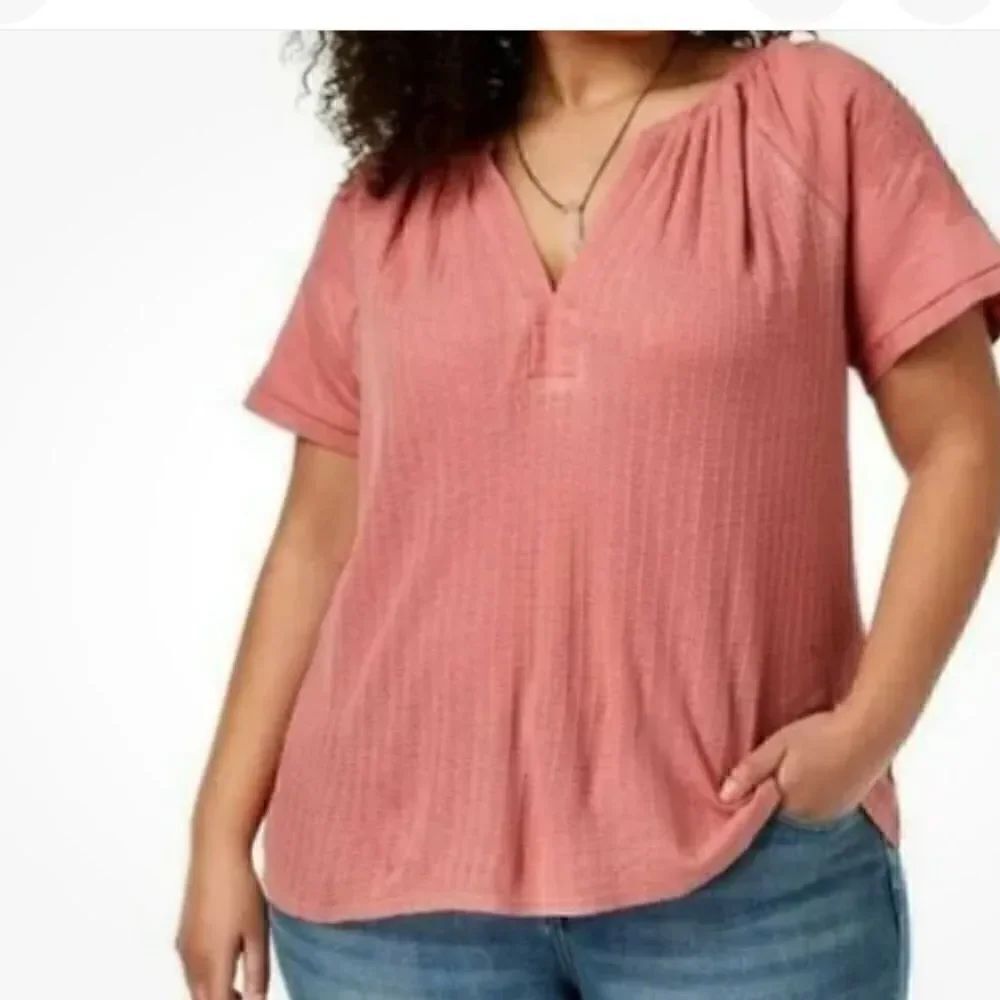Lucky Brand Pink Embroidered Short Sleeve Waffle Knit Top Size Small